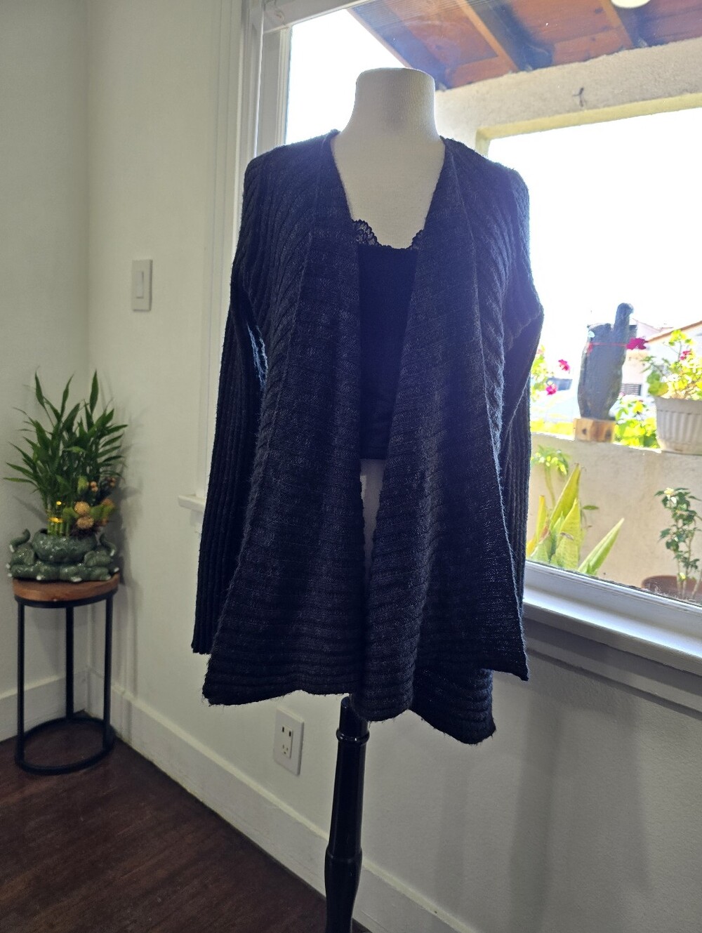Free People Black Open-Front Ribbed Cardigan